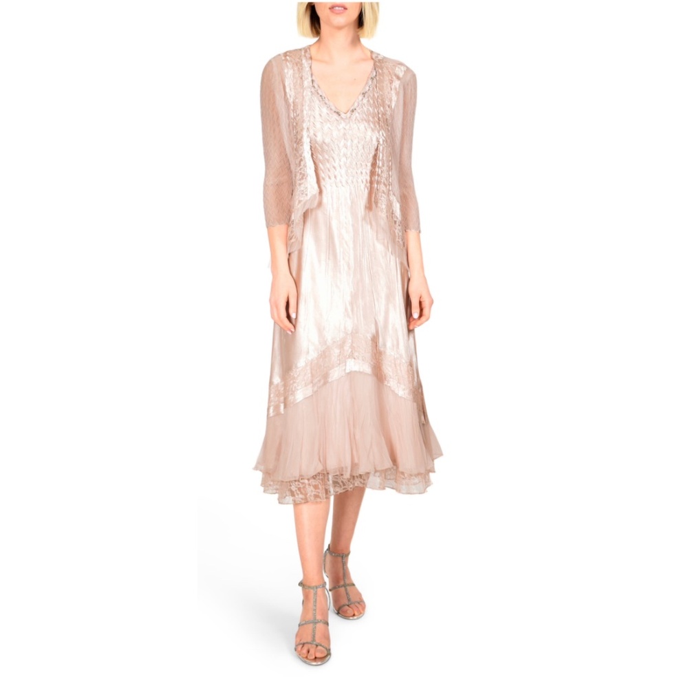 Komarov Beaded V-Neck Charmeuse Dress & Jacket